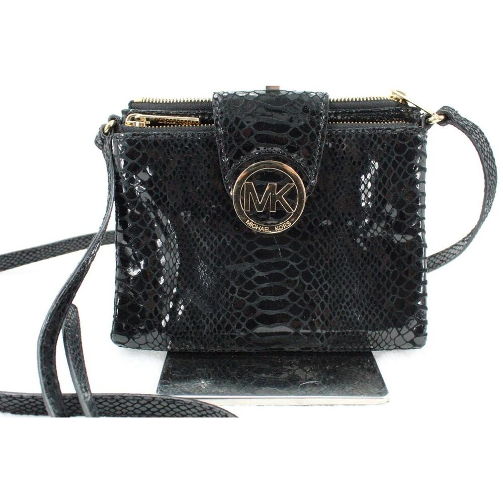 Michael Kors Black Glossy Embossed Crossbody Bag with Gold Hardware